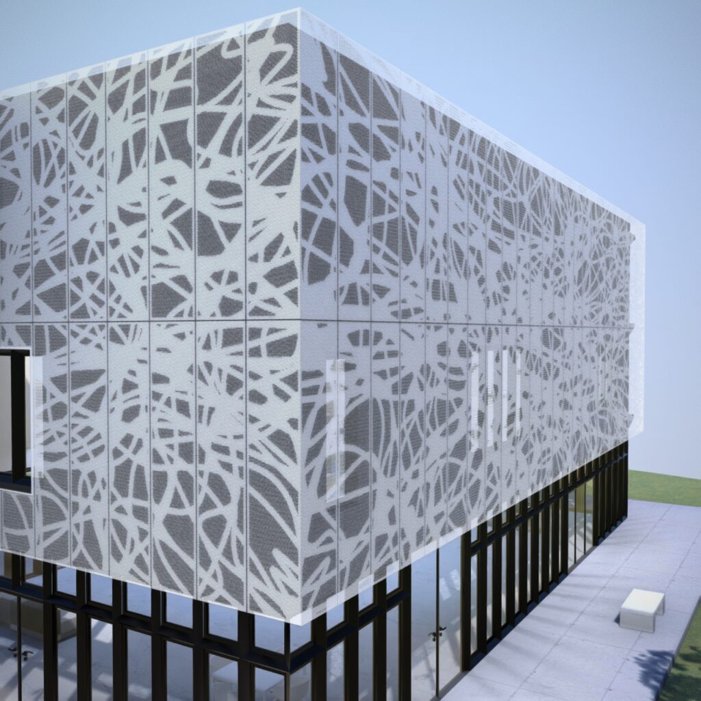 Vue de la facade de batiment 3D avec le motif RIOLTA en version zoomée