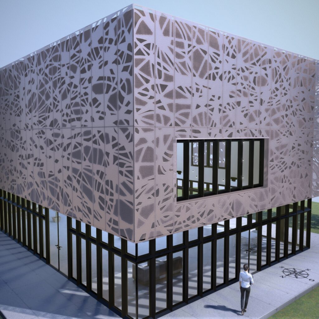 Vue zoomée de la Facade du batiment 3D avec le motif Mondyne en version mini