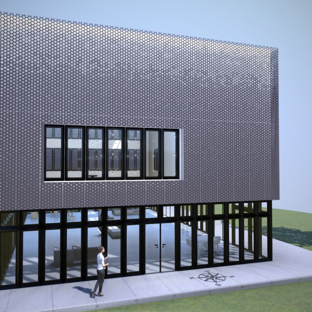 Vue Ouest du Motif VOPEXA sur cette facade d'immeuble 3D en thermolaquage noir foncé